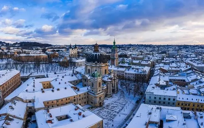 Framed Print : Panoramic aerial view on Lviv in winter from drone Framed Print : Panoramic aerial view on Lviv in winter from drone