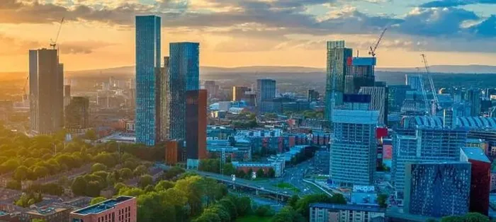 Framed Print : Panoramic Aerial View of Manchester Skyline on a beautiful sunset hours (Golden Hour) Framed Print : Panoramic Aerial View of Manchester Skyline on a beautiful sunset hours (Golden Hour)
