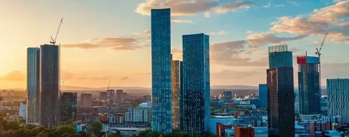 Framed Print : Panoramic Aerial View of Manchester Skyline on a beautiful sunset hours (Golden Hour)