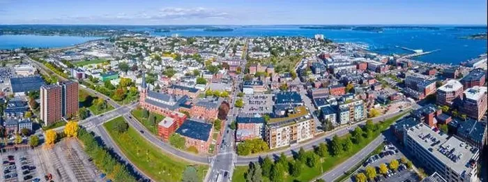 Framed Print : Panoramic aerial view of Munjoy Hill historic district on Congress Street and Portland Harbor from downtown Portland Framed Print : Panoramic aerial view of Munjoy Hill historic district on Congress Street and Portland Harbor from downtown Portland