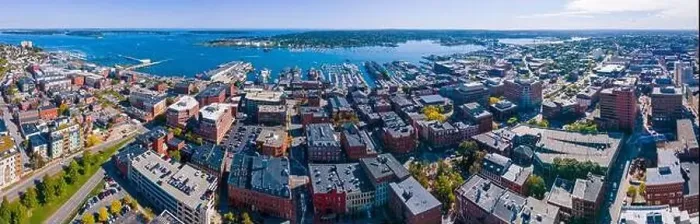 Framed Print : Panoramic aerial view of Munjoy Hill on the left and Portland Old Port on the right Framed Print : Panoramic aerial view of Munjoy Hill on the left and Portland Old Port on the right
