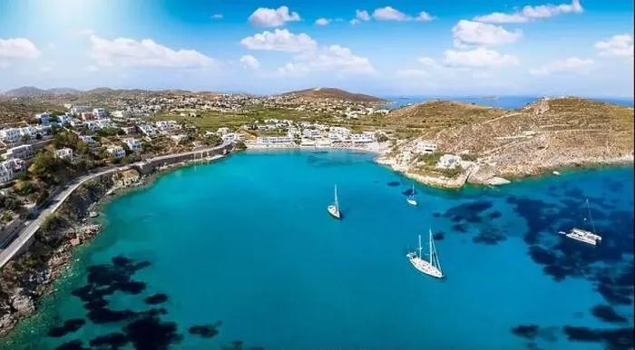 Framed Print : Panoramic aerial view of the popular beach at Vari, Syros island Framed Print : Panoramic aerial view of the popular beach at Vari, Syros island