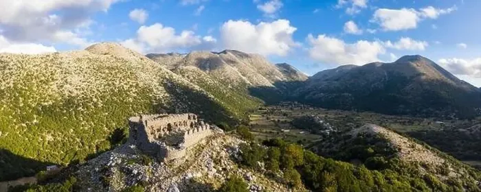 Framed Print : Panoramic aerial view of the ruins of a hilltop Turkish fortress on the Askifou Plateau, Crete, Greece Framed Print : Panoramic aerial view of the ruins of a hilltop Turkish fortress on the Askifou Plateau, Crete, Greece
