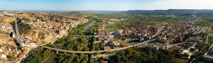 Framed Print : Panoramic aerial view of Spanish town of Fraga on Cinca river