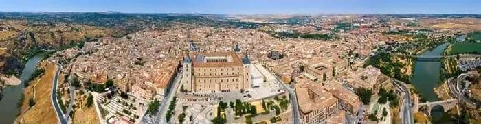 Framed Print : A panoramic aerial view of Toledo with the Alcazar fortress and Tagus River Framed Print : A panoramic aerial view of Toledo with the Alcazar fortress and Tagus River