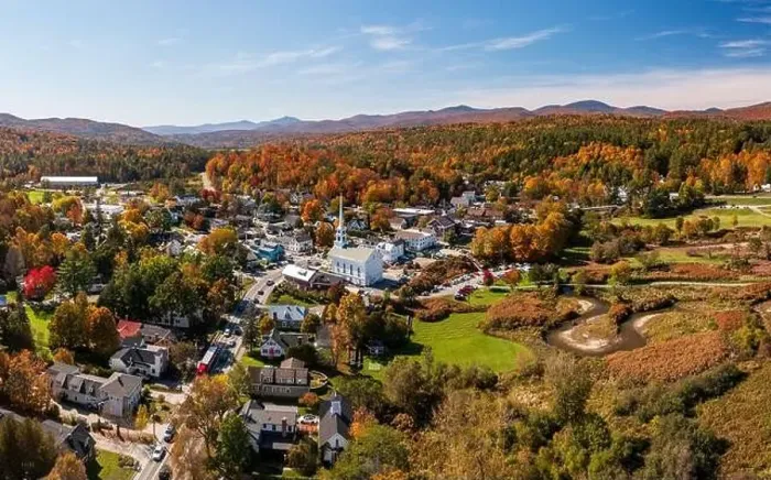 Framed Print : Panoramic aerial view of the town of Stowe in Vermont in the fall Framed Print : Panoramic aerial view of the town of Stowe in Vermont in the fall