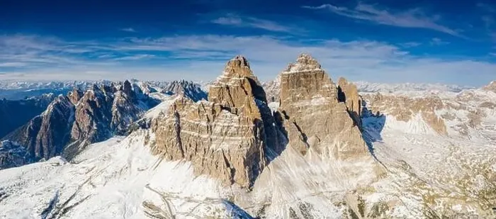 Framed Print : Panoramic aerial view of Tre Cime di Lavaredo during a snowy autumn Framed Print : Panoramic aerial view of Tre Cime di Lavaredo during a snowy autumn