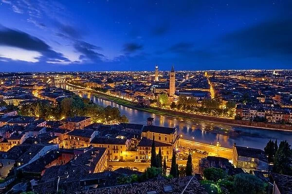 Panoramic aerial view of Verona, Italy at blue hour, after summer sunset