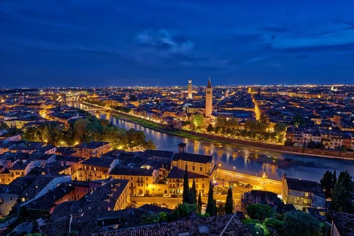 Framed Print : Panoramic aerial view of Verona, Italy at blue hour, after summer sunset Framed Print : Panoramic aerial view of Verona, Italy at blue hour, after summer sunset
