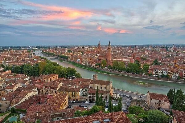 Panoramic aerial view of Verona, Italy after summer sunset, cloudy sky