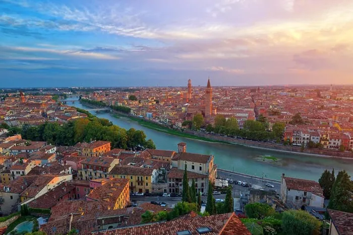 Framed Print : Panoramic aerial view of Verona, Italy at summer sunset, sun lens flare Framed Print : Panoramic aerial view of Verona, Italy at summer sunset, sun lens flare