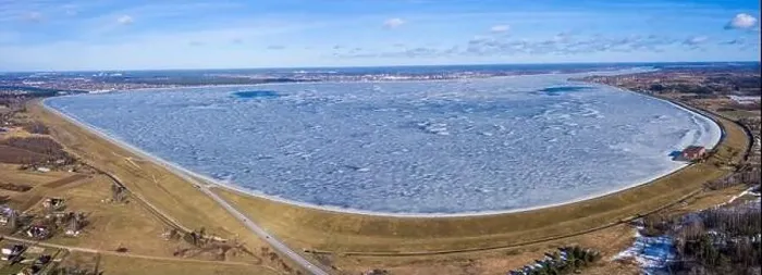 Framed Print : Panoramic aerial view of the winter dam near hydroelectric power plant