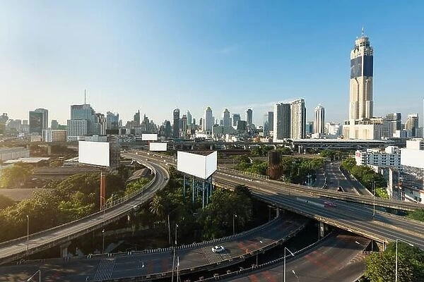 Panoramic Bangkok city building modern business district with expressway in downtown at morning in Bangkok, Thailand