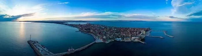 Framed Print : Panoramic bird's eye view over small ancient resort town of Pomorie with old European small houses Framed Print : Panoramic bird's eye view over small ancient resort town of Pomorie with old European small houses