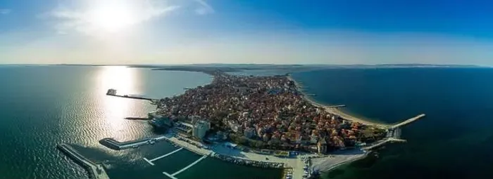 Framed Print : Panoramic bird's eye view over small ancient resort town of Pomorie with old European small houses Framed Print : Panoramic bird's eye view over small ancient resort town of Pomorie with old European small houses