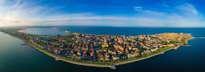 Framed Print : Panoramic bird's eye view over small ancient resort town of Pomorie with old European small houses Framed Print : Panoramic bird's eye view over small ancient resort town of Pomorie with old European small houses