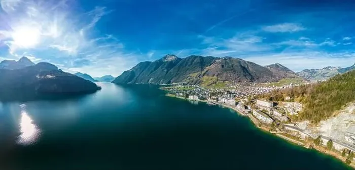 Framed Print : Panoramic drone aerial view of Brunnen and Ingenbohl, Switzerland Framed Print : Panoramic drone aerial view of Brunnen and Ingenbohl, Switzerland