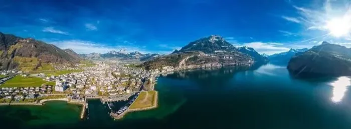 Framed Print : Panoramic drone aerial view of Brunnen and Ingenbohl, Switzerland Framed Print : Panoramic drone aerial view of Brunnen and Ingenbohl, Switzerland
