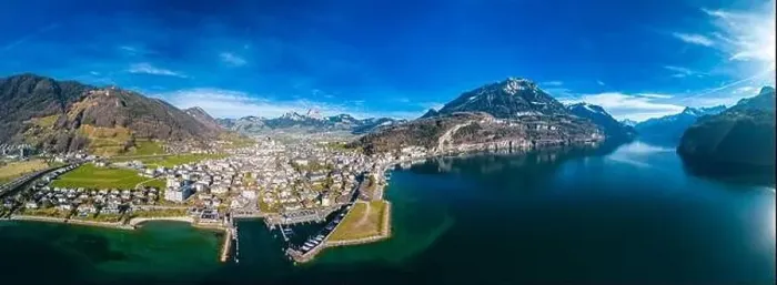 Framed Print : Panoramic drone aerial view of Brunnen and Ingenbohl, Switzerland Framed Print : Panoramic drone aerial view of Brunnen and Ingenbohl, Switzerland