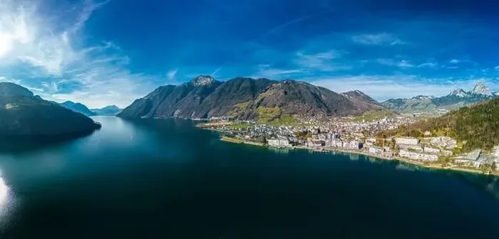 Framed Print : Panoramic drone aerial view of Brunnen and Ingenbohl, Switzerland Framed Print : Panoramic drone aerial view of Brunnen and Ingenbohl, Switzerland