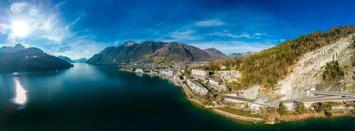 Framed Print : Panoramic drone aerial view of Brunnen and Ingenbohl, Switzerland Framed Print : Panoramic drone aerial view of Brunnen and Ingenbohl, Switzerland