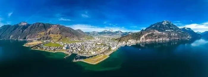 Framed Print : Panoramic drone aerial view of Brunnen and Ingenbohl, Switzerland Framed Print : Panoramic drone aerial view of Brunnen and Ingenbohl, Switzerland