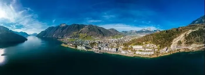 Framed Print : Panoramic drone aerial view of Brunnen and Ingenbohl, Switzerland Framed Print : Panoramic drone aerial view of Brunnen and Ingenbohl, Switzerland