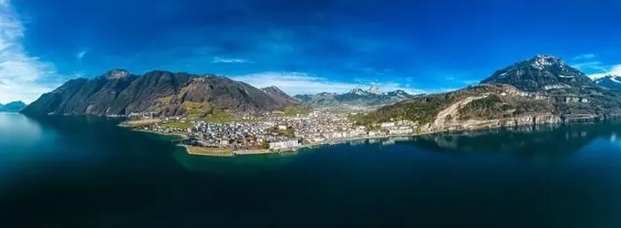 Framed Print : Panoramic drone aerial view of Brunnen and Ingenbohl, Switzerland Framed Print : Panoramic drone aerial view of Brunnen and Ingenbohl, Switzerland