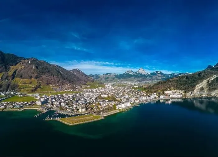 Framed Print : Panoramic drone aerial view of Brunnen and Ingenbohl, Switzerland Framed Print : Panoramic drone aerial view of Brunnen and Ingenbohl, Switzerland