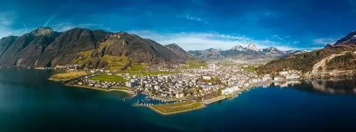 Framed Print : Panoramic drone aerial view of Brunnen and Ingenbohl, Switzerland Framed Print : Panoramic drone aerial view of Brunnen and Ingenbohl, Switzerland