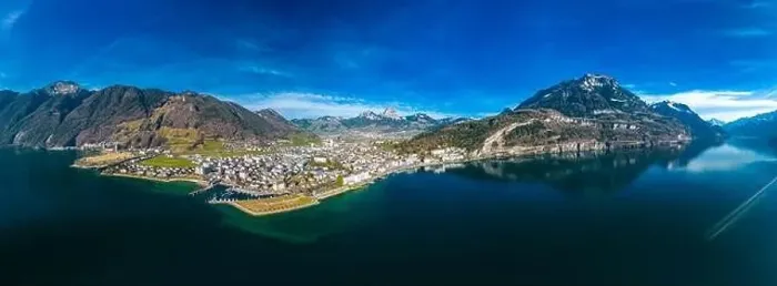 Framed Print : Panoramic drone aerial view of Brunnen and Ingenbohl, Switzerland Framed Print : Panoramic drone aerial view of Brunnen and Ingenbohl, Switzerland