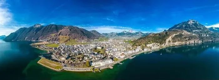Framed Print : Panoramic drone aerial view of Brunnen and Ingenbohl, Switzerland Framed Print : Panoramic drone aerial view of Brunnen and Ingenbohl, Switzerland