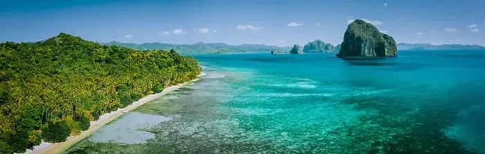 Framed Print : Panoramic drone aerial view of coastal scenery from the mainland Palawan with tropical Pinagbuyutan islands on horizon Framed Print : Panoramic drone aerial view of coastal scenery from the mainland Palawan with tropical Pinagbuyutan islands on horizon