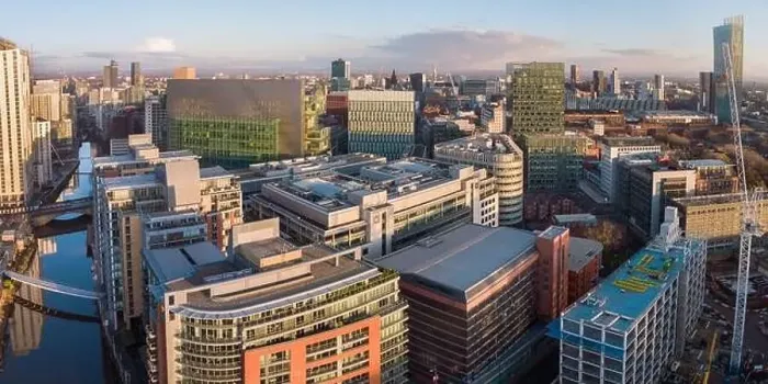 Framed Print : Panoramic drone image of Spinningfields and the River Irwell in Manchester city centre at golden hour Framed Print : Panoramic drone image of Spinningfields and the River Irwell in Manchester city centre at golden hour