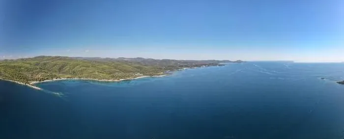 Framed Print : Panoramic drone photo of the tropical beach in the bay of Toroni in Halkidiki, Greece Framed Print : Panoramic drone photo of the tropical beach in the bay of Toroni in Halkidiki, Greece