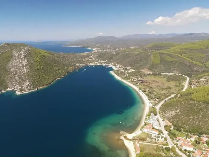 Framed Print : Panoramic drone photo of the tropical beach in the bay of Toroni in Halkidiki, Greece Framed Print : Panoramic drone photo of the tropical beach in the bay of Toroni in Halkidiki, Greece