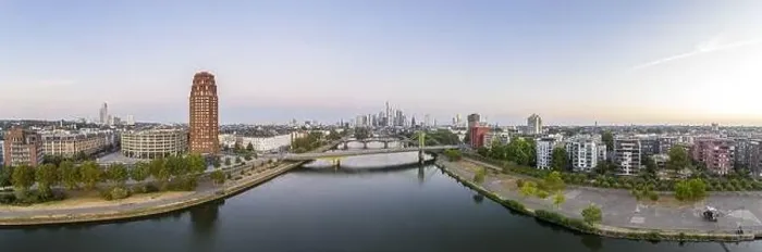 Framed Print : Panoramic drone picture of the Frankfurt skyline in the morning time Framed Print : Panoramic drone picture of the Frankfurt skyline in the morning time