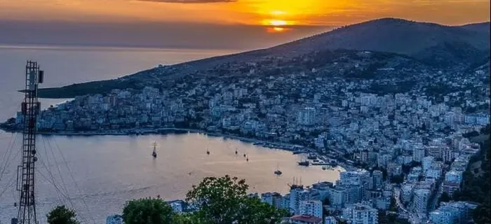 Framed Print : Panoramic image of a beautiful sunset over the city of Sarande in southern Albania Framed Print : Panoramic image of a beautiful sunset over the city of Sarande in southern Albania