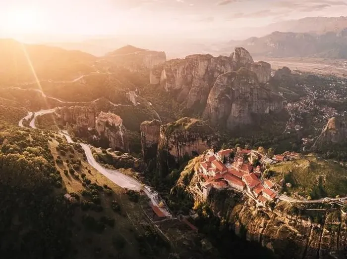 Framed Print : Panoramic majestic aerial view of the famous Meteora flying monasteries in Greece at sunrise Framed Print : Panoramic majestic aerial view of the famous Meteora flying monasteries in Greece at sunrise