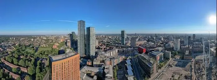 Framed Print : Panoramic Manchester City Centre Drone Aerial View Above Building Work Skyline Construction Blue Sky Summer Beetham