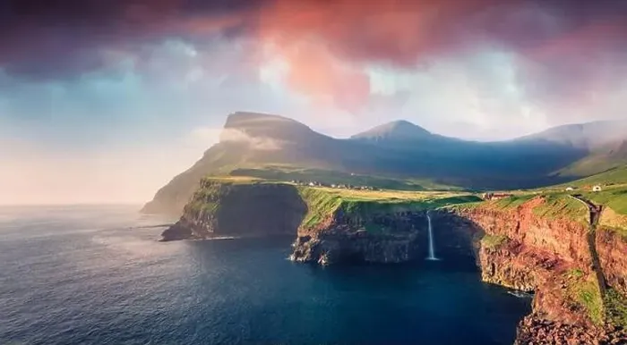 Framed Print : Panoramic morning view from flying drone of Vagar island