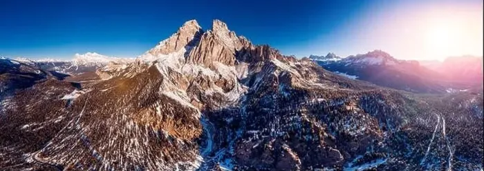 Framed Print : Panoramic photo Sunrise in Dolomites mountains South Tyrol, Italy. Aerial top view
