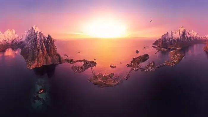 Framed Print : Panoramic of picturesque scenery from drone of snowy mountains and calm sea under cloudless sky in Norway in evening Framed Print : Panoramic of picturesque scenery from drone of snowy mountains and calm sea under cloudless sky in Norway in evening
