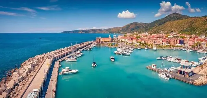 Framed Print : Panoramic summer view from flying drone of Acciaroli port Framed Print : Panoramic summer view from flying drone of Acciaroli port
