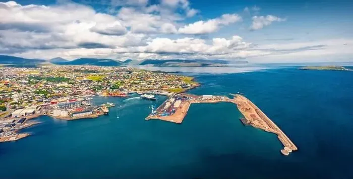 Framed Print : Panoramic summer view from flying drone of Torshavn town Framed Print : Panoramic summer view from flying drone of Torshavn town