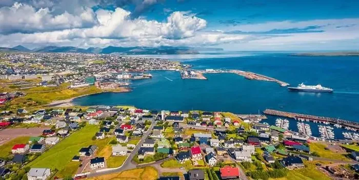 Framed Print : Panoramic summer view from flying drone of Torshavn town Framed Print : Panoramic summer view from flying drone of Torshavn town