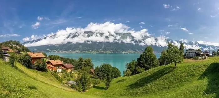 Framed Print : Panoramic view of The Alps and Lake Brienz from balcony, Interlaken Switzerland Framed Print : Panoramic view of The Alps and Lake Brienz from balcony, Interlaken Switzerland