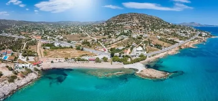 Framed Print : Panoramic view of the beach and coast of Agia Marina Framed Print : Panoramic view of the beach and coast of Agia Marina