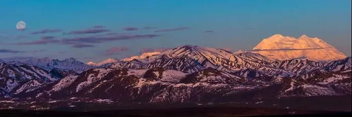 Framed Print : Panoramic view of Denali at sunrise in early summer with a nearly full moon; Alaska, United States of America Framed Print : Panoramic view of Denali at sunrise in early summer with a nearly full moon; Alaska, United States of America