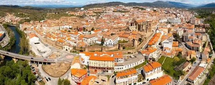 Framed Print : Panoramic view from drone of ancient walled Spanish city of Plasencia Framed Print : Panoramic view from drone of ancient walled Spanish city of Plasencia